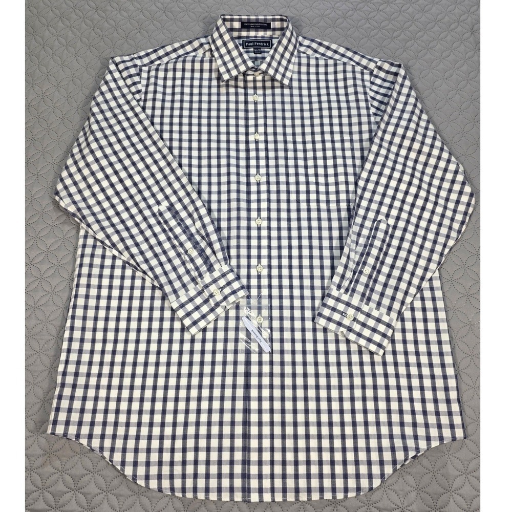Paul Fredrick Men Blue/White Gingham Check Herringbone Cotton DressShirt 16.5-33